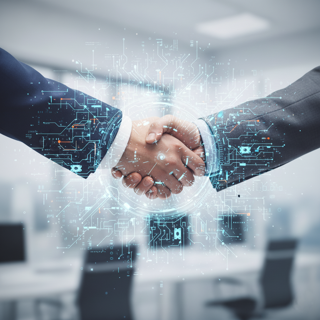 Two professionals shaking hands with a technology overlay, representing partnership