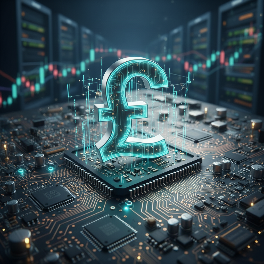 A circuit board with a pound sterling symbol in the middle, symbolizing tech finance